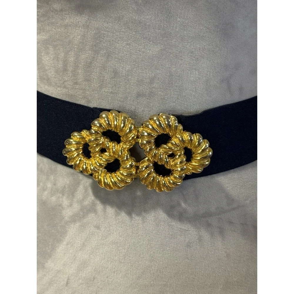 Vintage 80's Karen Scott Stretch Belt Gold Buckle Navy Blue Sz LG Stretch To 36
